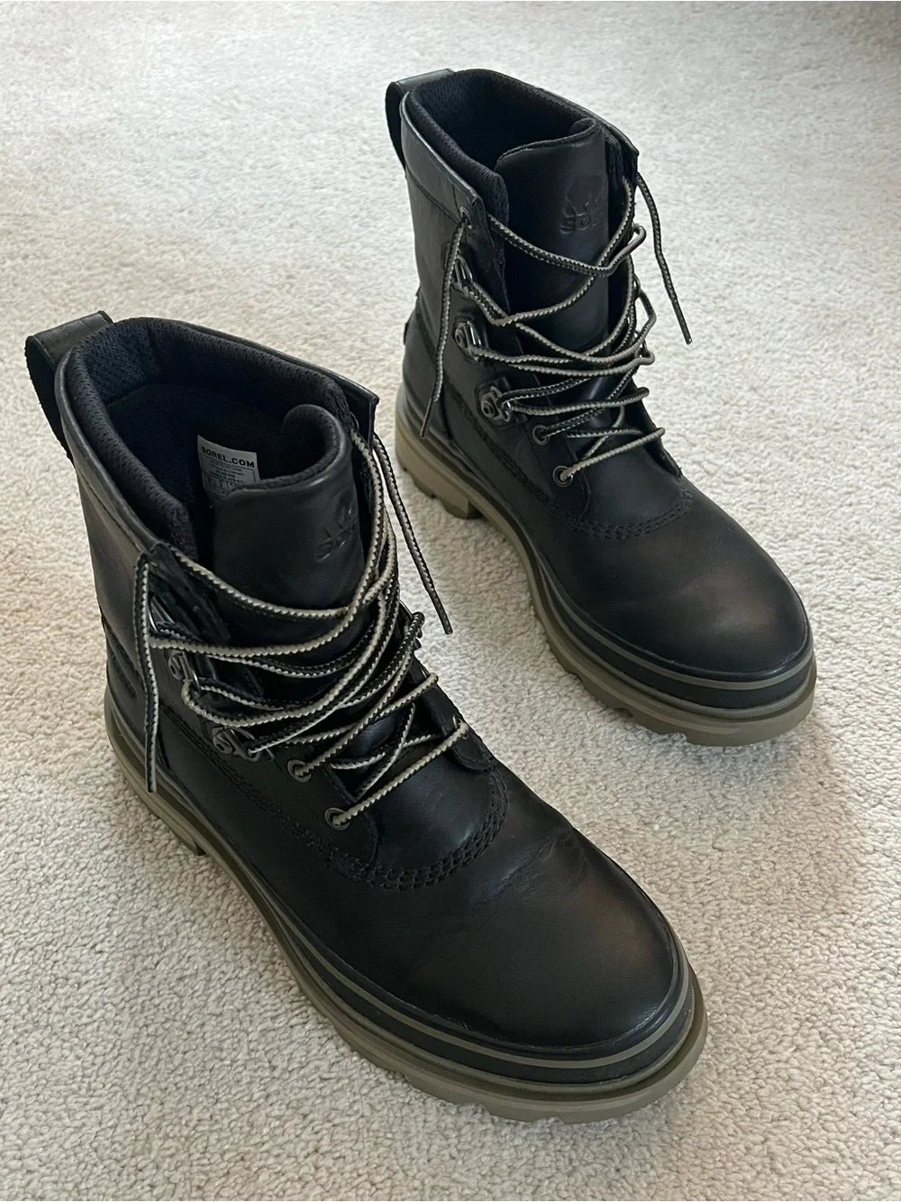 Sorel Lennox Street Black Leather Lace-Up Winter Boots with Sage Sole